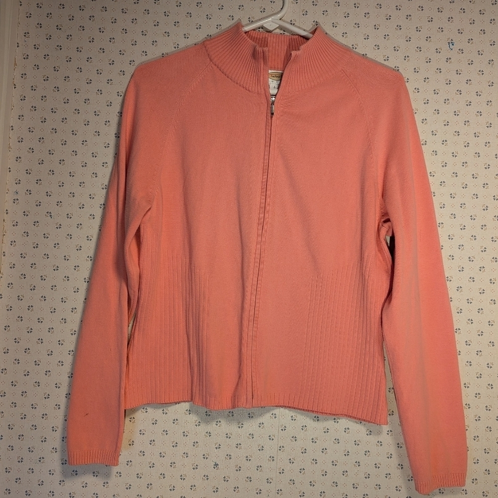 Talbots LP Zip Up Cardigan pink salmon vintage partial ribbing